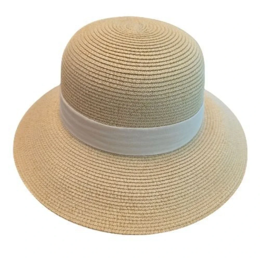 Furtalk Womens M/L Woven Straw Wide Brim Sun Hat White Ribbon Adjustable Strap